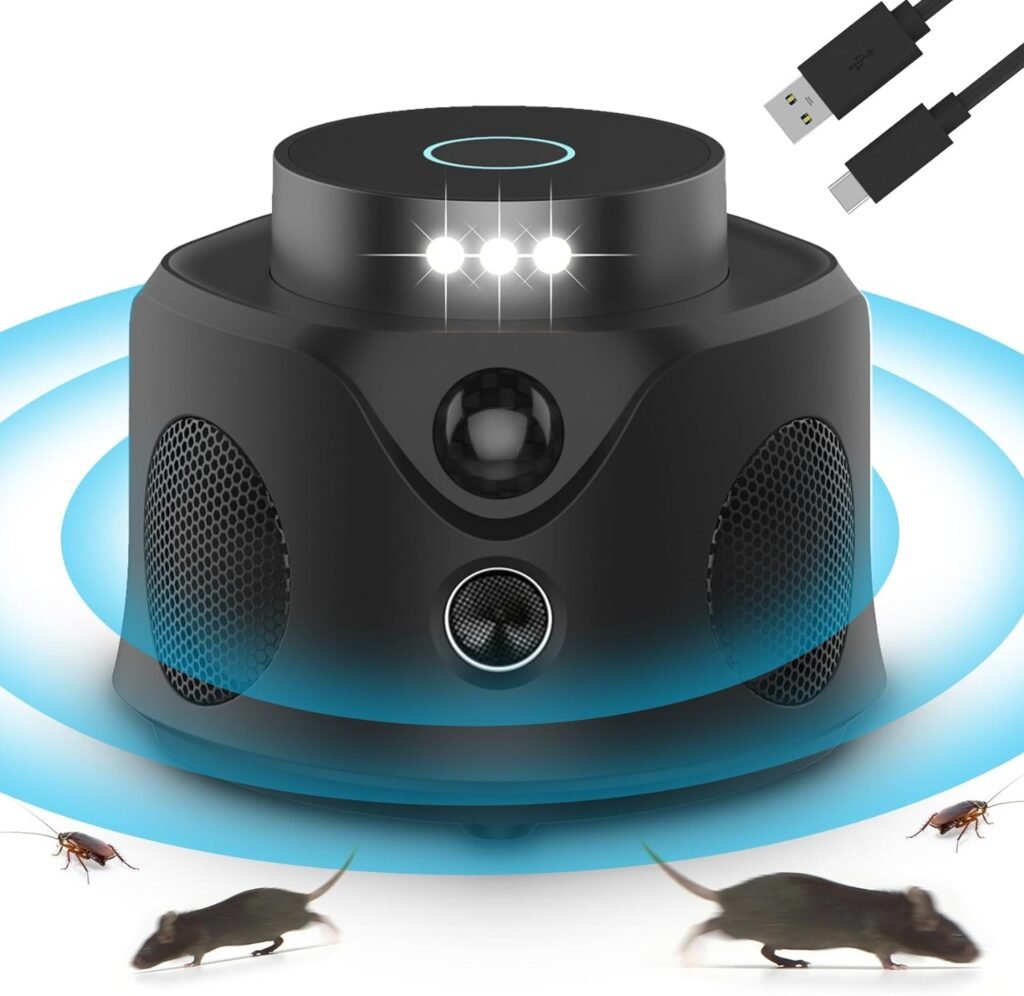 Zimwu Rodent Repellent Indoor, 360° Ultrasonic Pest Repeller with 9 Strobes 3 Speakers, Electronic Humane Mouse/Squirrel Traps, Bat Repellent for Attics, Houses, Garages, Barns, Family and Pets Safe