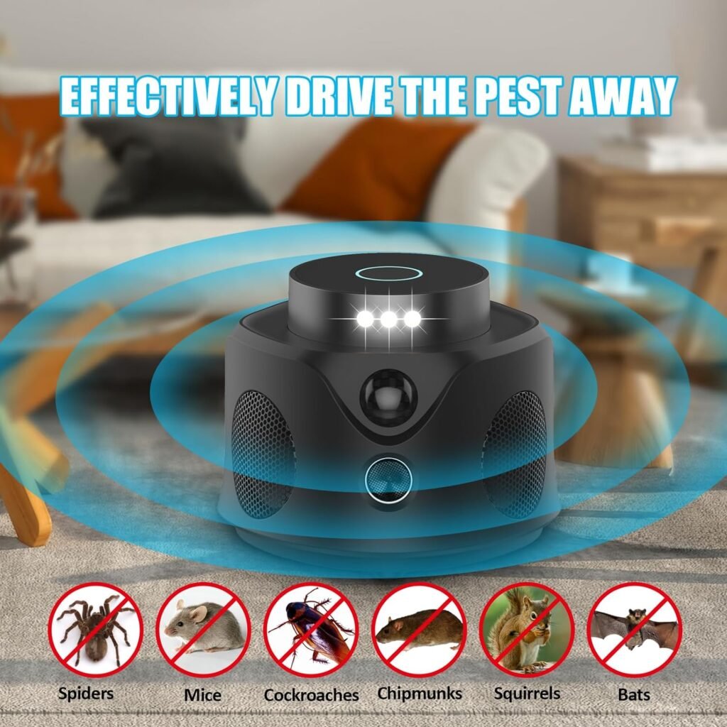 Zimwu Rodent Repellent Indoor, 360° Ultrasonic Pest Repeller with 9 Strobes 3 Speakers, Electronic Humane Mouse/Squirrel Traps, Bat Repellent for Attics, Houses, Garages, Barns, Family and Pets Safe